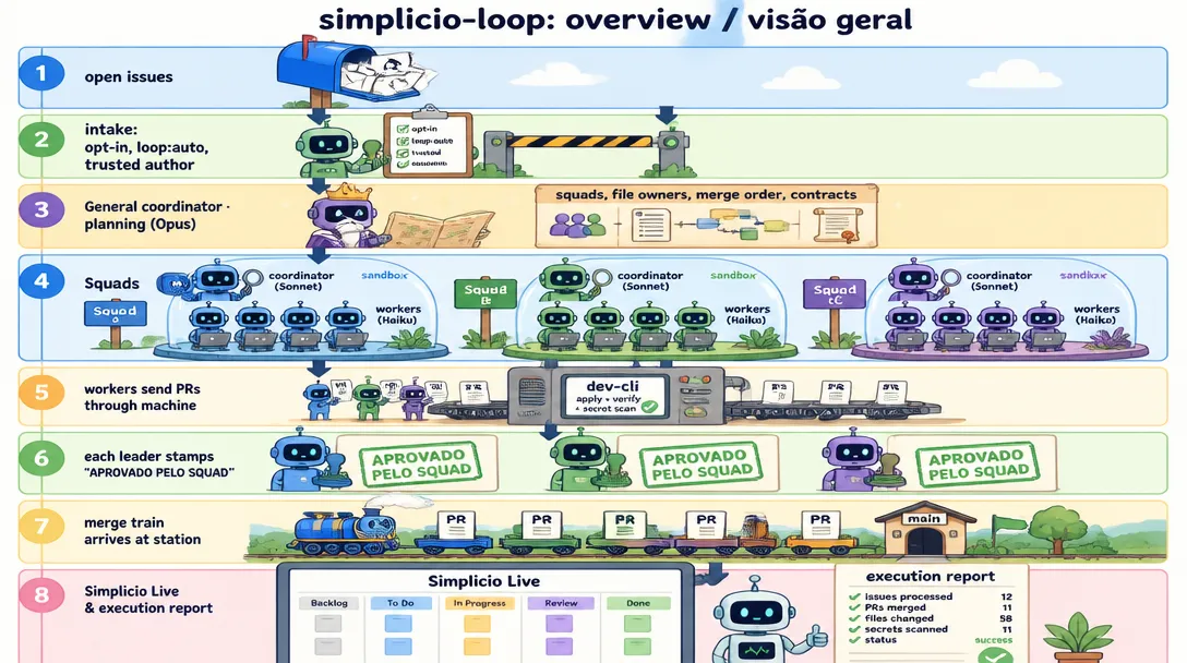 Animated flow in 8 steps: issues, intake, general coordinator, squads, workers (mapper, plan, dev-cli), squad review, merge train, main and the Simplicio Live kanban
